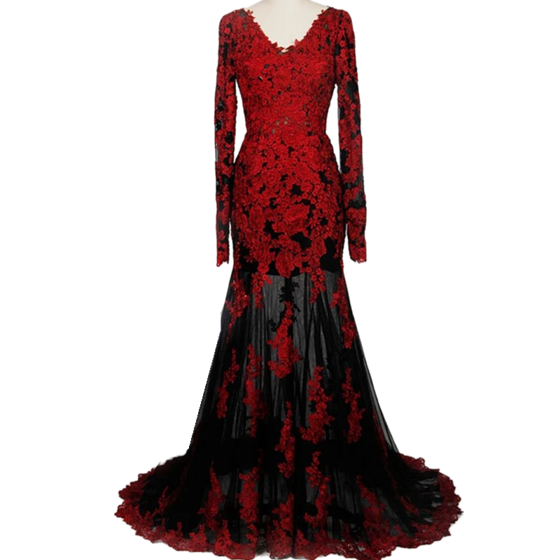 Gothic Black And Red Mermaid Wedding Dresses Lace Appliques Backless Long Sleeves Vintage Bridal Gowns Court Train Elegant Vestido De Novia