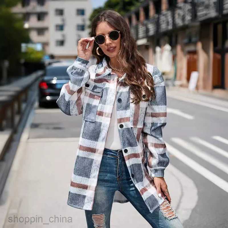 fashion Women Jackets Coats Women's autumn and winter street plaid lapel long woolen coat