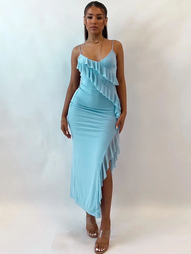 Mozision Spaghetti Strap Ruffle Long Dress Women Fashion V Neck Sleeveless High Split Dress Femme Elegant Backless Sexy Dress 240627