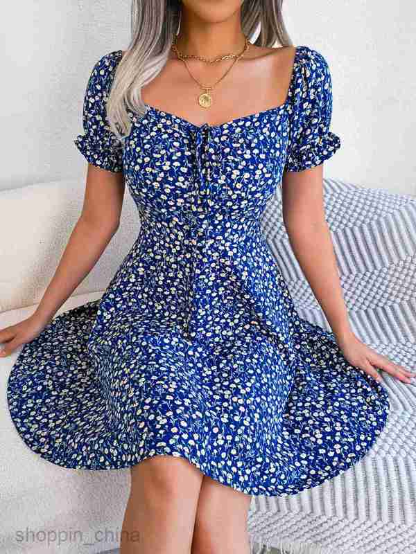 Women Casual Dresses fashion dress style spring and summer leisure horn sleeve drawstring lace up floral big swing dress women