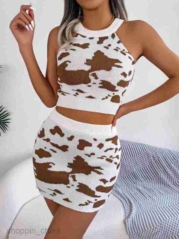 women Two Piece Dress Sets Wind Spring Summer Fashion Cow Pattern Open Umbilical Top Wrapped Hip Skirt Set Women's Wear