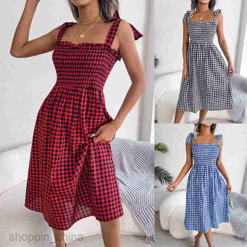Women Casual Dresses fashion dress style spring summer casual lace up contrast Plaid medium length dress women's dress