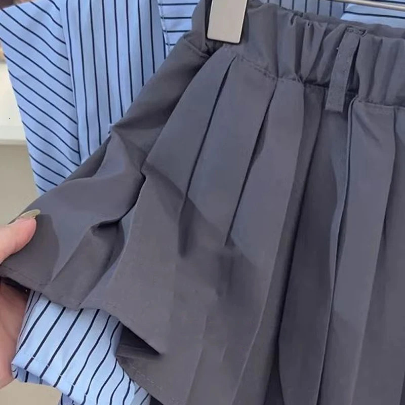 Childrens Clothing Suit Summer Girl Campus Fashionable Stripe Flying Sleeve Shirt Top Irregular Short Skirt School Uniform 240618