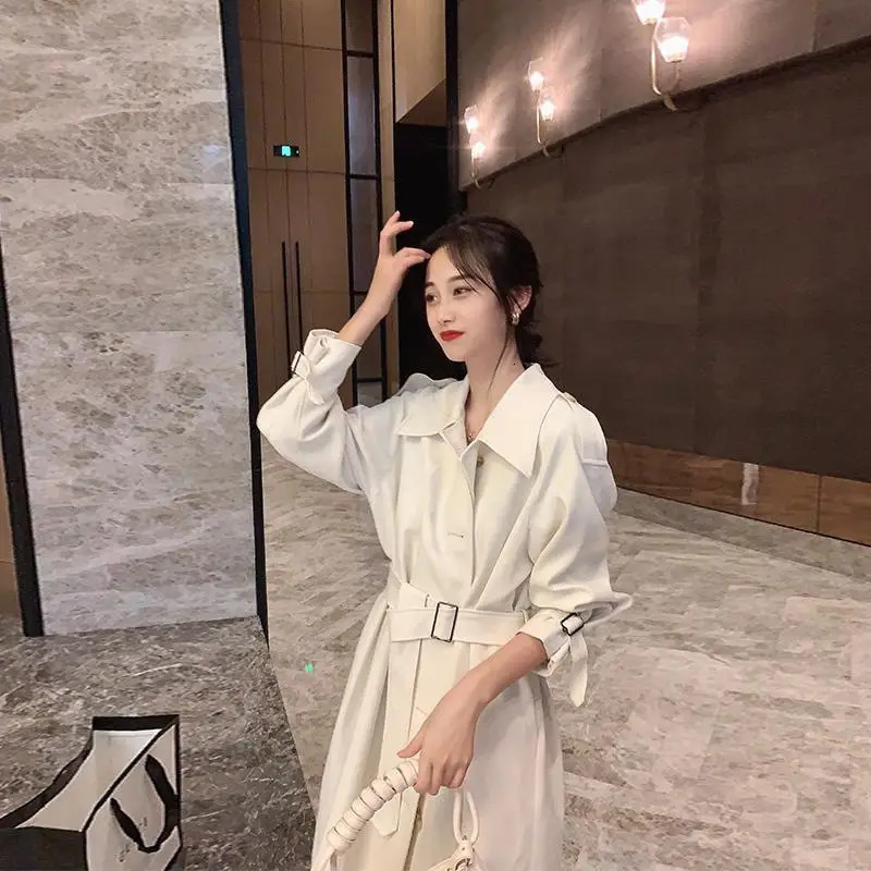 Spinrg Autumn Womens Trench Coat Long Sleeve Vintage Overcoat Lady lapel Sashes Knee Length White Outerwear Windbreaker top 240625