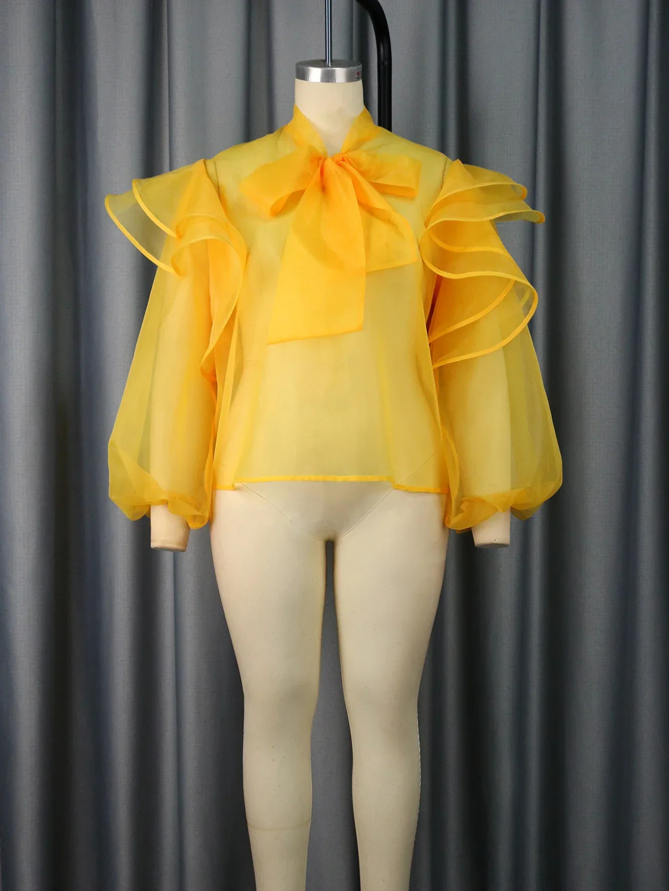 Trendy Yellow Blouse For Women Sheer Tulle Top See Through Bowtie Ruffles Trim Shirt Fashion Office Work Club Plus Size 4XL 240617