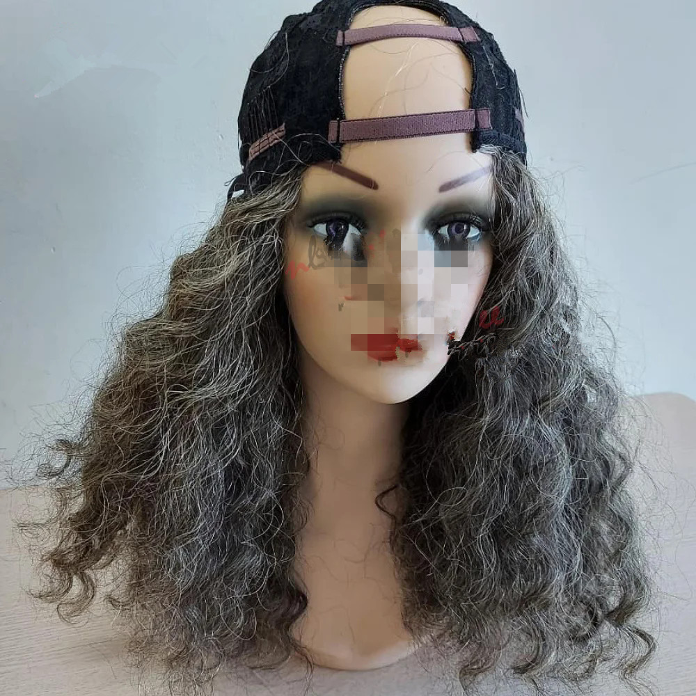 Black and Grey Wig for Black Women Highlight Grey Colored U Part Wig Human Hair 2x4 Curly UPart