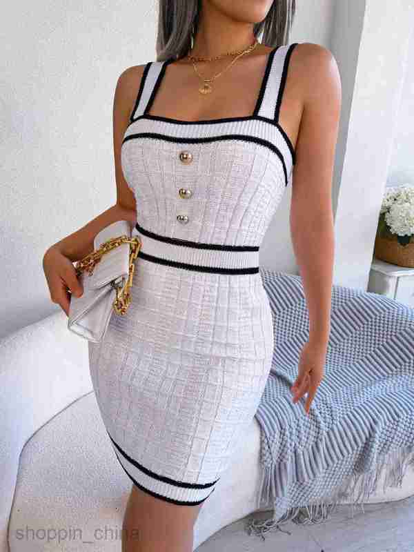 Women Casual Dresses fashion dress Spring/Summer Casual Square Neck Button Contrast Waist Knitted Wrapped Hip Skirt for Women