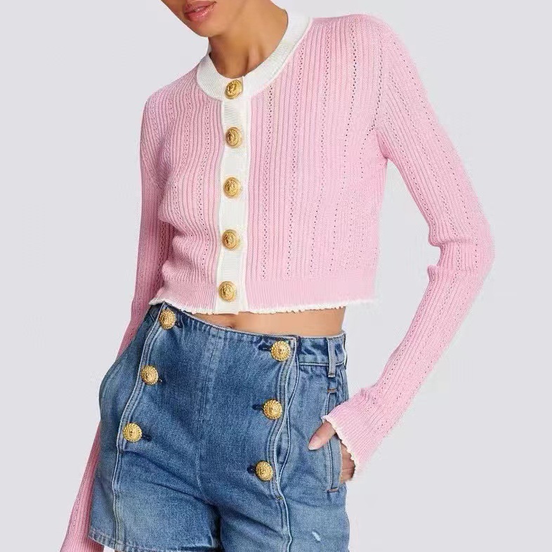 Bajia 2024 spring and autumn new style casual pink color matching knitted cardigan womens niche fashion slim round neck top jacket