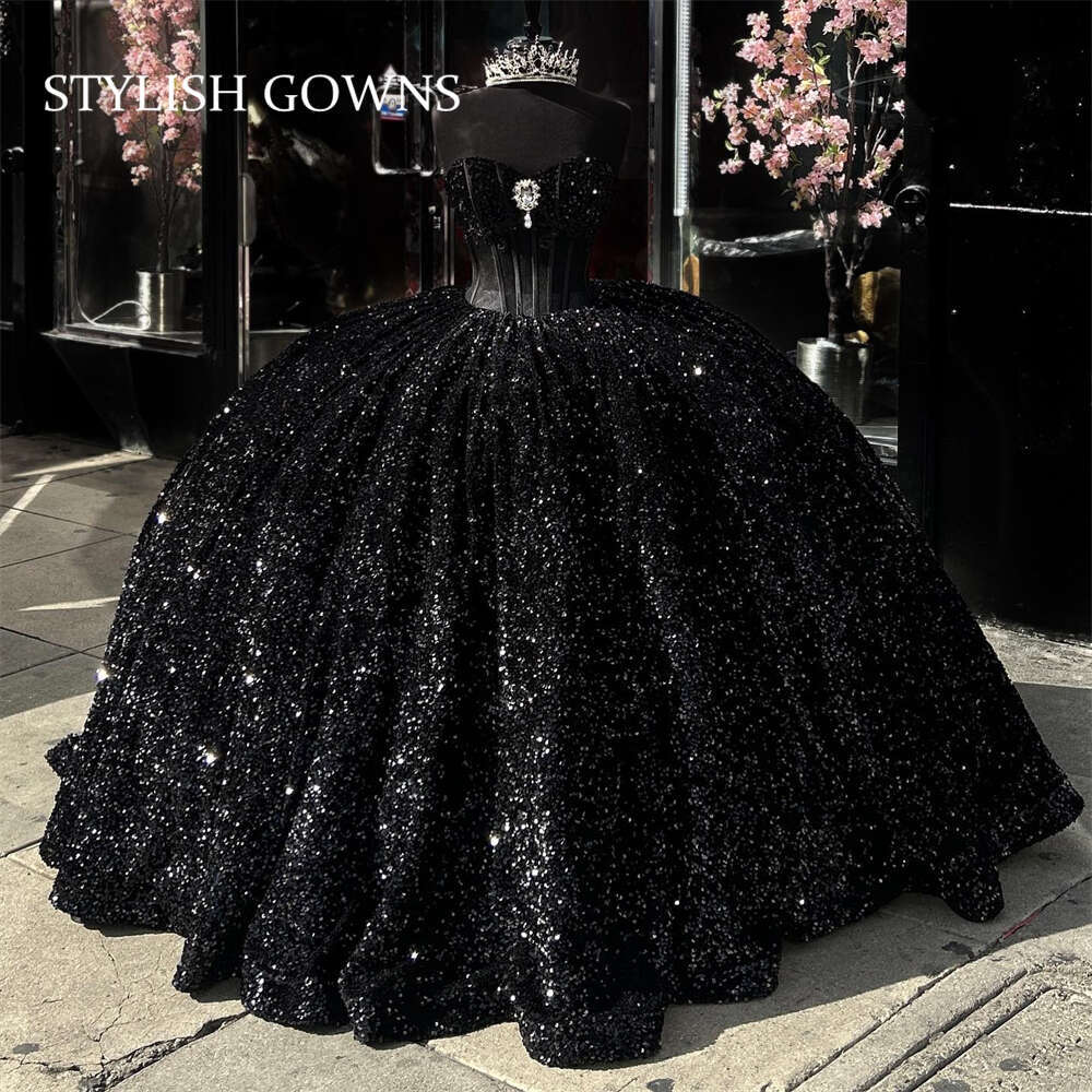 Black Sequined Sweetheart Ball Gown Quinceanera Dress For Girls Crystal Beaded Birthday Party Gowns Prom Dresses Robe De Bal 0914