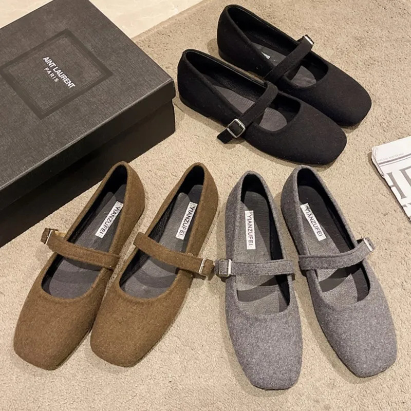 Womens Felt Mary Janes Shoes Square Toe Ballet Flats for Female Fashion Buckle Strap Ladies Shoes Spring Autumn 1772N 240627