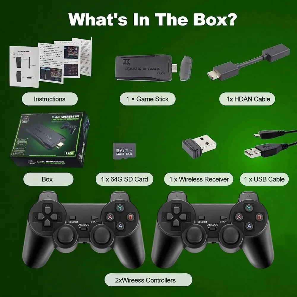 4k Game Stick TV Video Game Console 20000 Games Emuelec 9 Classic Emulator Retro Gaming Machine Dual Wireless Gamepad Control 240621