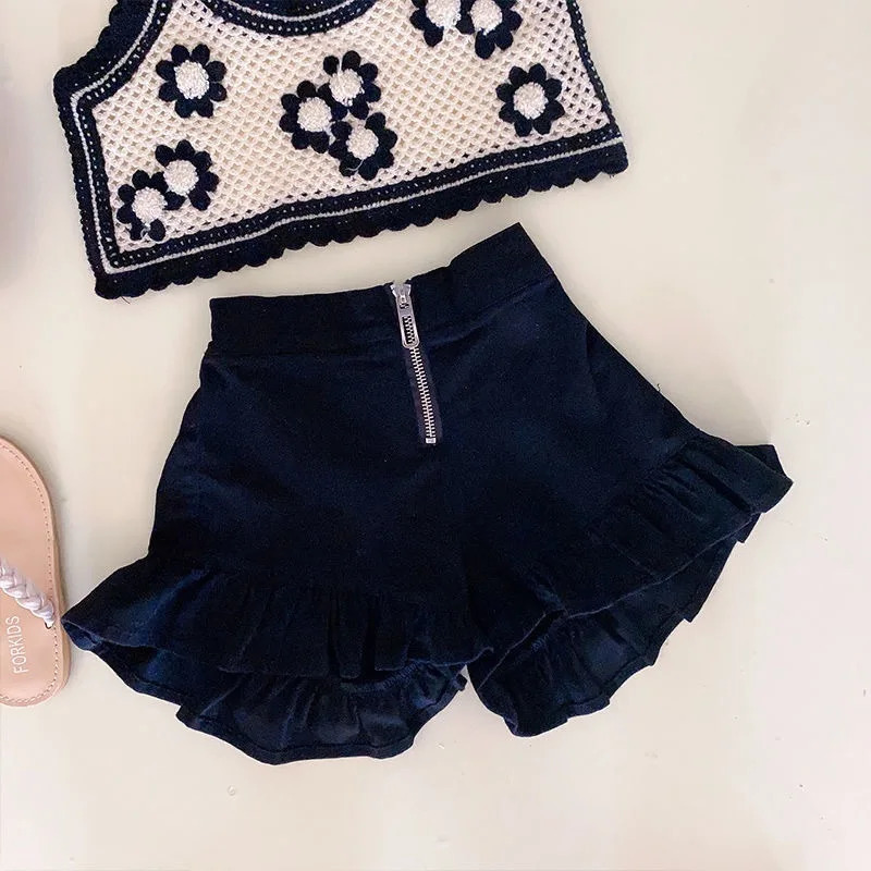 Fashion Baby Girl Knitted Clothes Set Strap Flower VestShorts 2PCS Infant Toddler Child Summer Crop Top Clothing Suit 112Y 240618