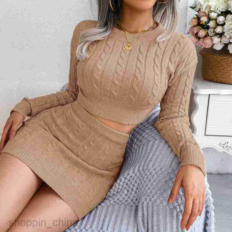 women Two Piece Dress Sets Autumn and winter casual Fried Dough Twists navel revealing sweater buttocks skirt knitting suit women's clothing