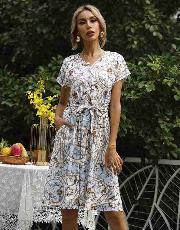 Basic Casual Dresses Women Dress Women's Summer Print Lace Up Waist Short Sleeve Dress