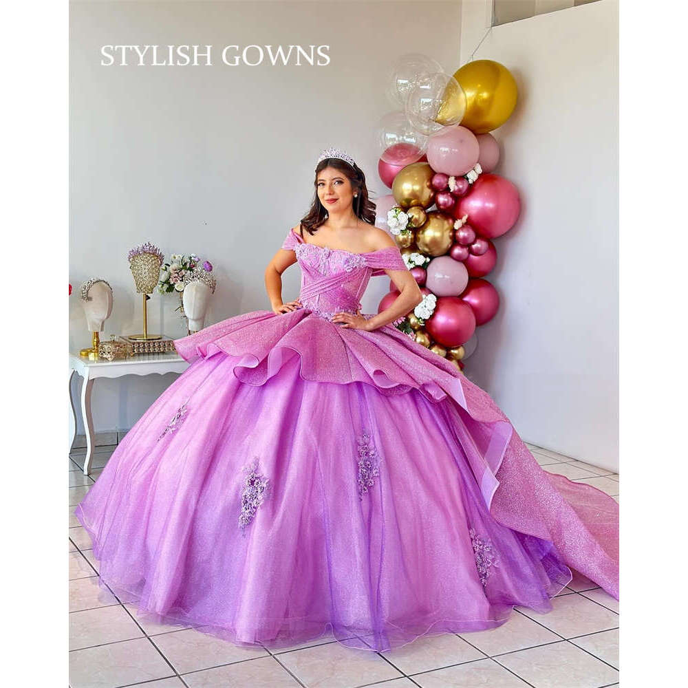 Pink Off The Shoulder Quinceanera Dresses Ball Gown 2024 Sweetheart Pleats Sweet 16 Dress Appliques Lace-Up Prom Robe De Bal 0627