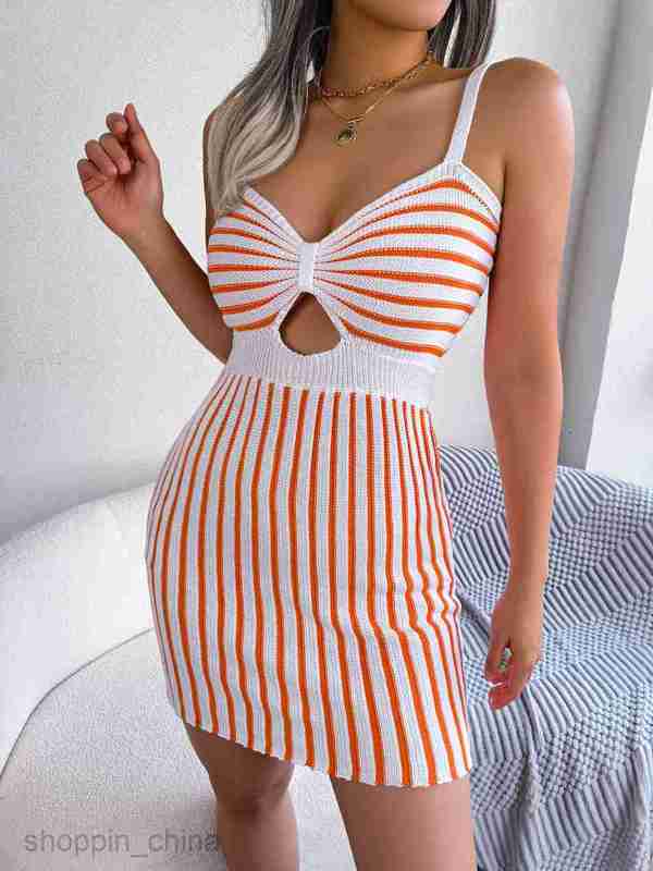 Women Casual Dresses fashion dress Style Spring Summer Sexy Contrast Stripe High Waist Knitted Strap Wrapped Hip Skirt Women's Dress
