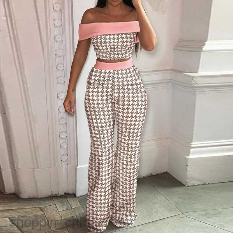 Women Two Piece Sets Pants Summer New Women's Wear Temperament Printed One Shoulder Top and Pants Loose Set 661