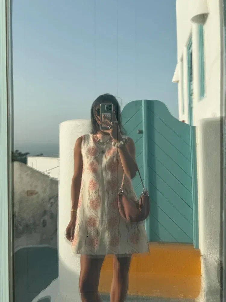 Elegant Flower Print Linen Split Mini Dress Women Fashion O Neck Sleeveless Short Dresses Summer Lady Holiday Robes 240627