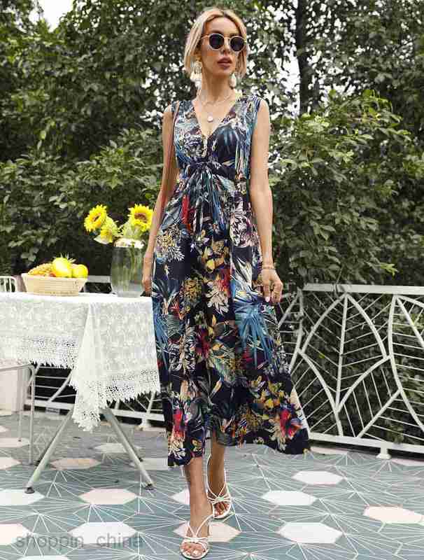 Basic Casual Dresses Women Dress Women's summer new print sexy V-neck sleeveless dress