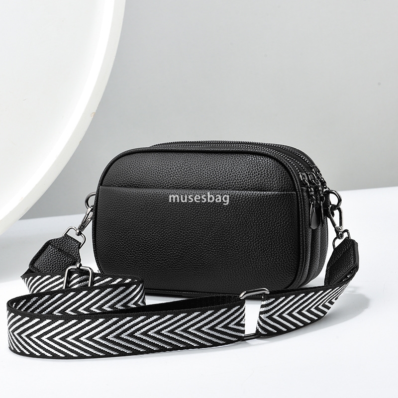 Street Fashion Small Bag New Multi layered Soft Leather Texture Wide Shoulder Strap Single Shoulder Crossbody Bag Simple and Elegant Mom's Bag