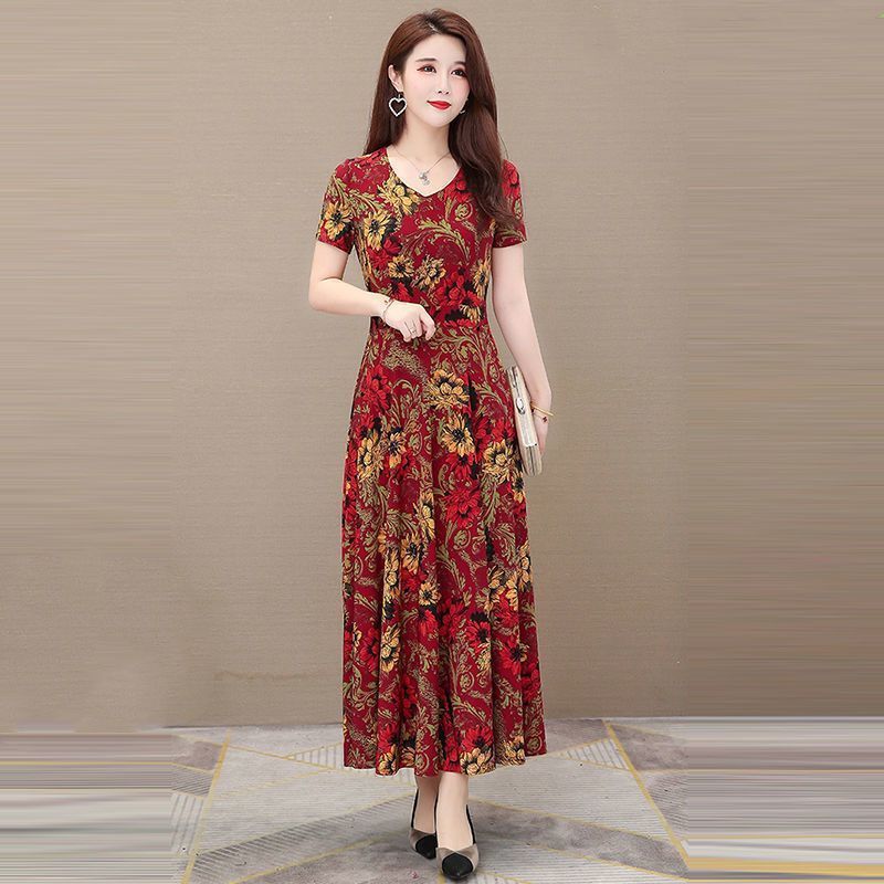 loose and elegant dress for women's new style for mothers, slim decoration, printed long skirt