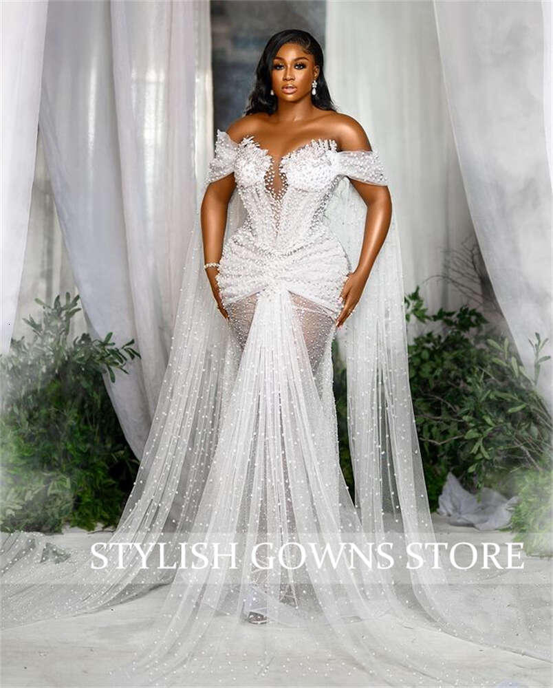 White African Off The Shoulder Wedding Dresses For Women Full Pearls Bride Evening Dress Appliques Mermaid Formal mal
