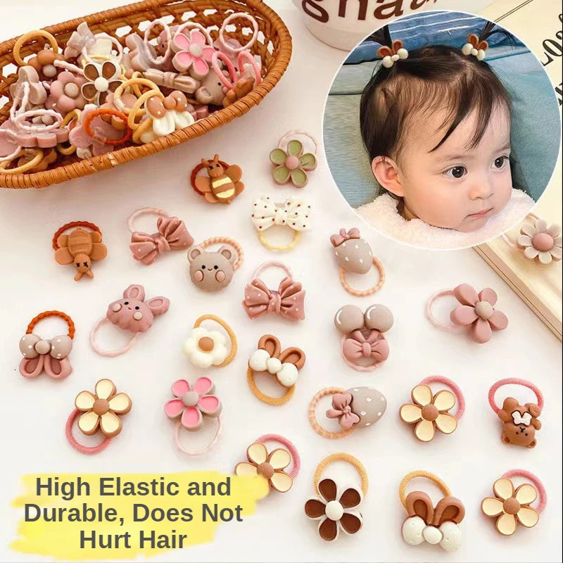20PcsSet Cute Cartoon Bear Rabbit Hair Band Girls Elastic Rubber Headwear Flower Bow Baby Kids Accessories Ornaments 240625