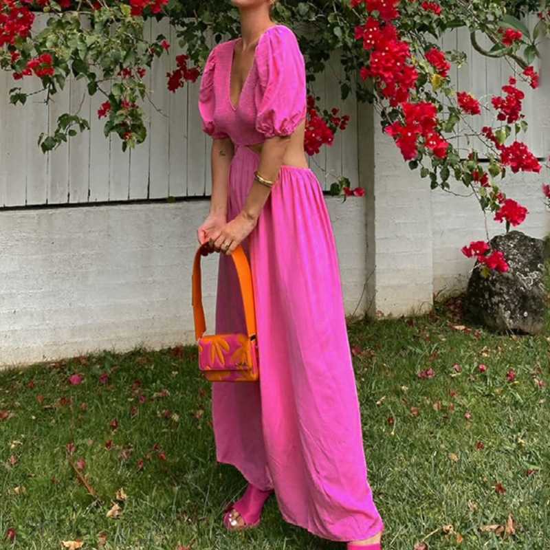 Basic Casual Dresses Women Women's Summer New Fresh Solid Color Bubble Sleeves Large hem Dress 661