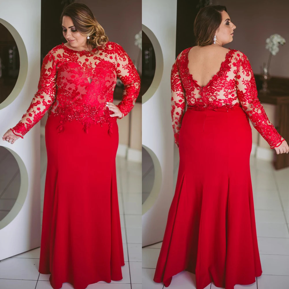 Plus Size Mother Of The Bride Dresses Long Sleeves Lace Appliques Red Wedding Party Dress Floor Length Elegant Groom Mom Formal Outfit