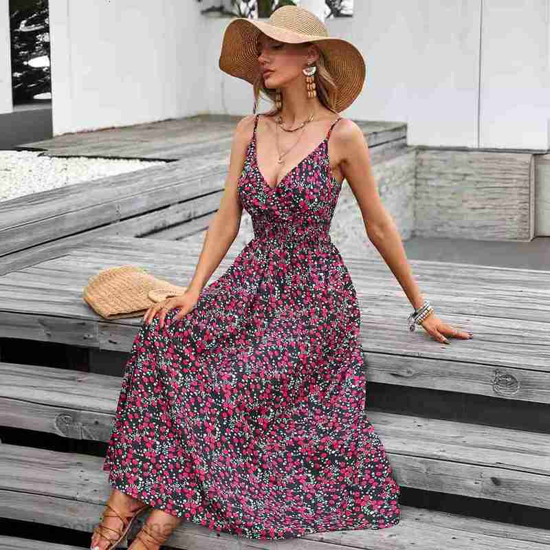 Basic Casual Dresses Women Dress Women's dress summer printed suspender V-neck waistband women's clothing
