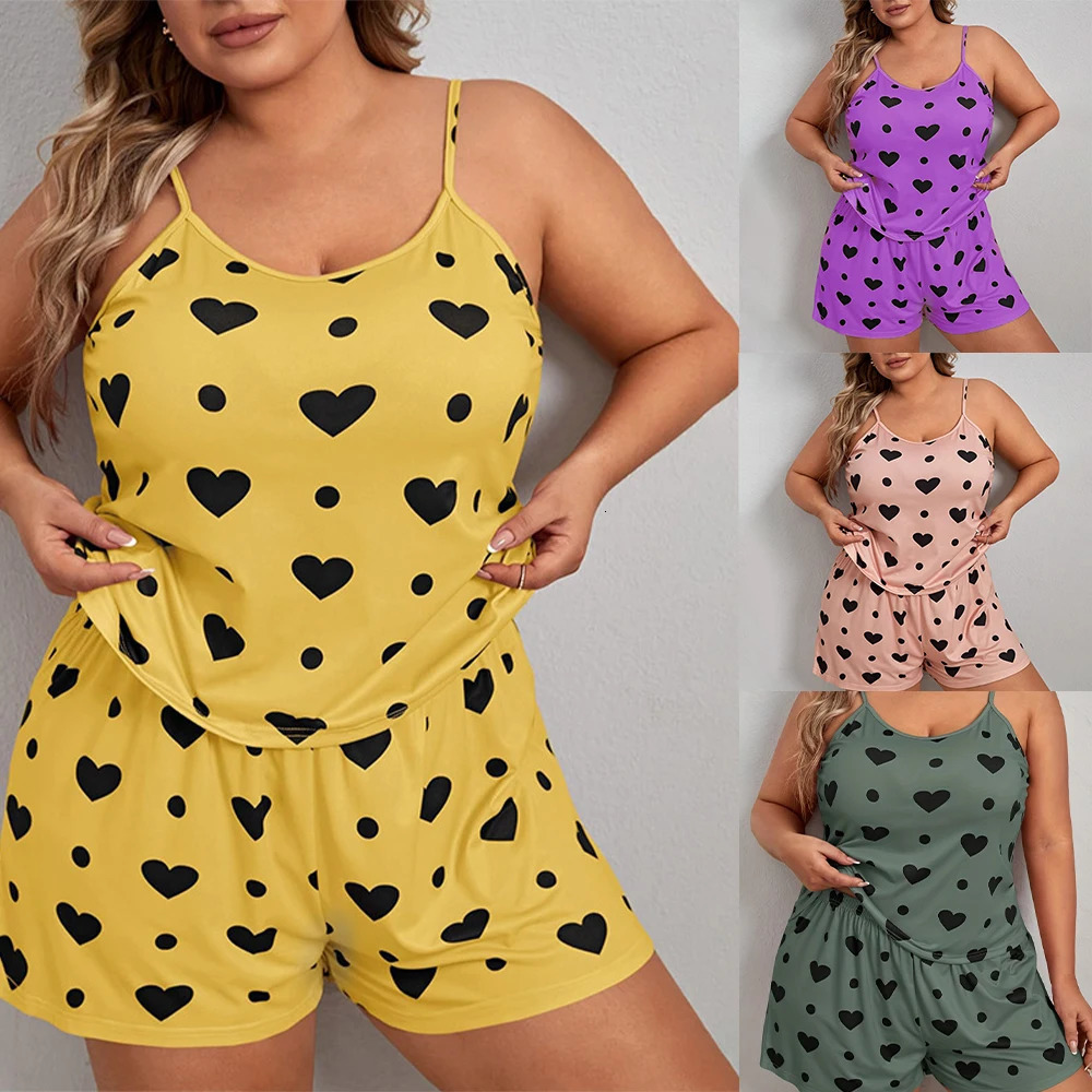 Plus Size Heart Print Women Pajama Set Sleeveless O Neck Crop Top Elastic Waist Shorts 2 Pieces Female Sleepwear Nightwear 240627