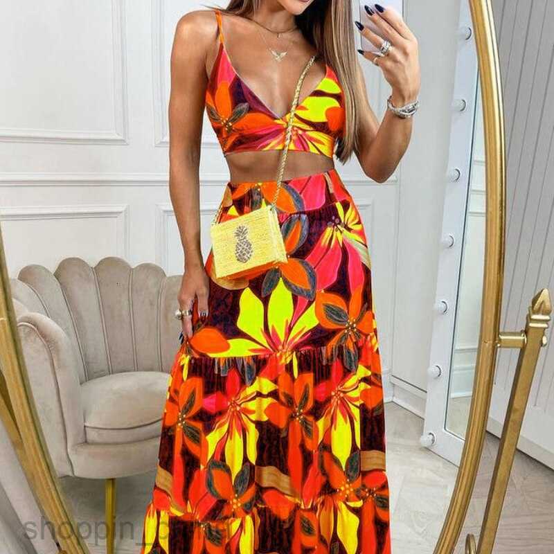 Basic Casual Dresses Women fashion Dress New Women's Summer Printed V-Neck Sling with Elegant Swing Long Dress Set 661