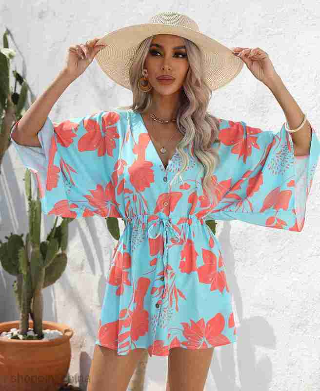 Basic Casual Dresses Women Dress Women's Summer Leaf Print 3/4 Sleeve Dress