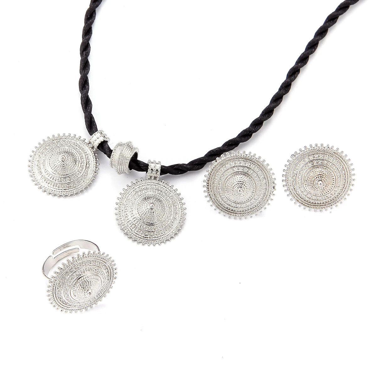 Silver Gold Color Ethiopian Fashion Rope Necklace Pendant Earrings Ring Habesha Wedding Jewelry Sets 240627
