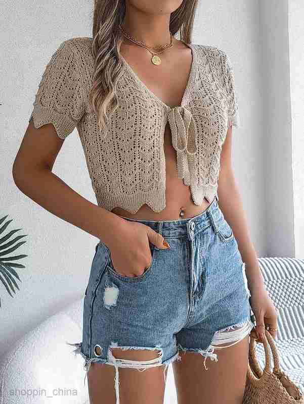Women's T Shirt Summer Lace up Hollow Short Sleeve Knitted Cardigan Holiday Naked Sun Protection Shirt Women's Wear tees