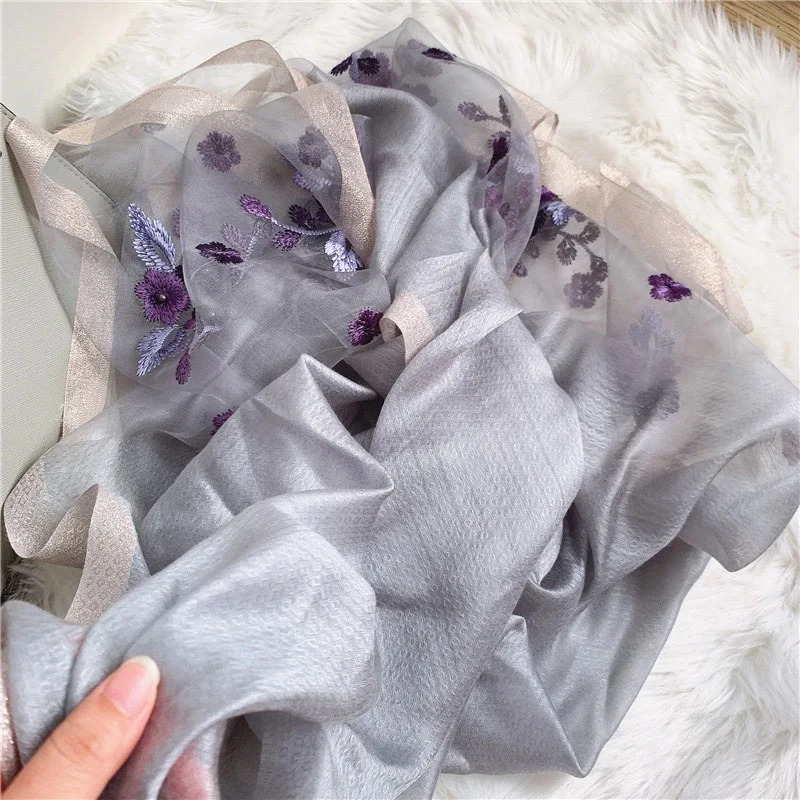 Embroidered Scarf ~ Begonia Embroidery Beads Silk Wool Scarf Womens Spring and Autumn Thin Scarf Gift Scarf 240626