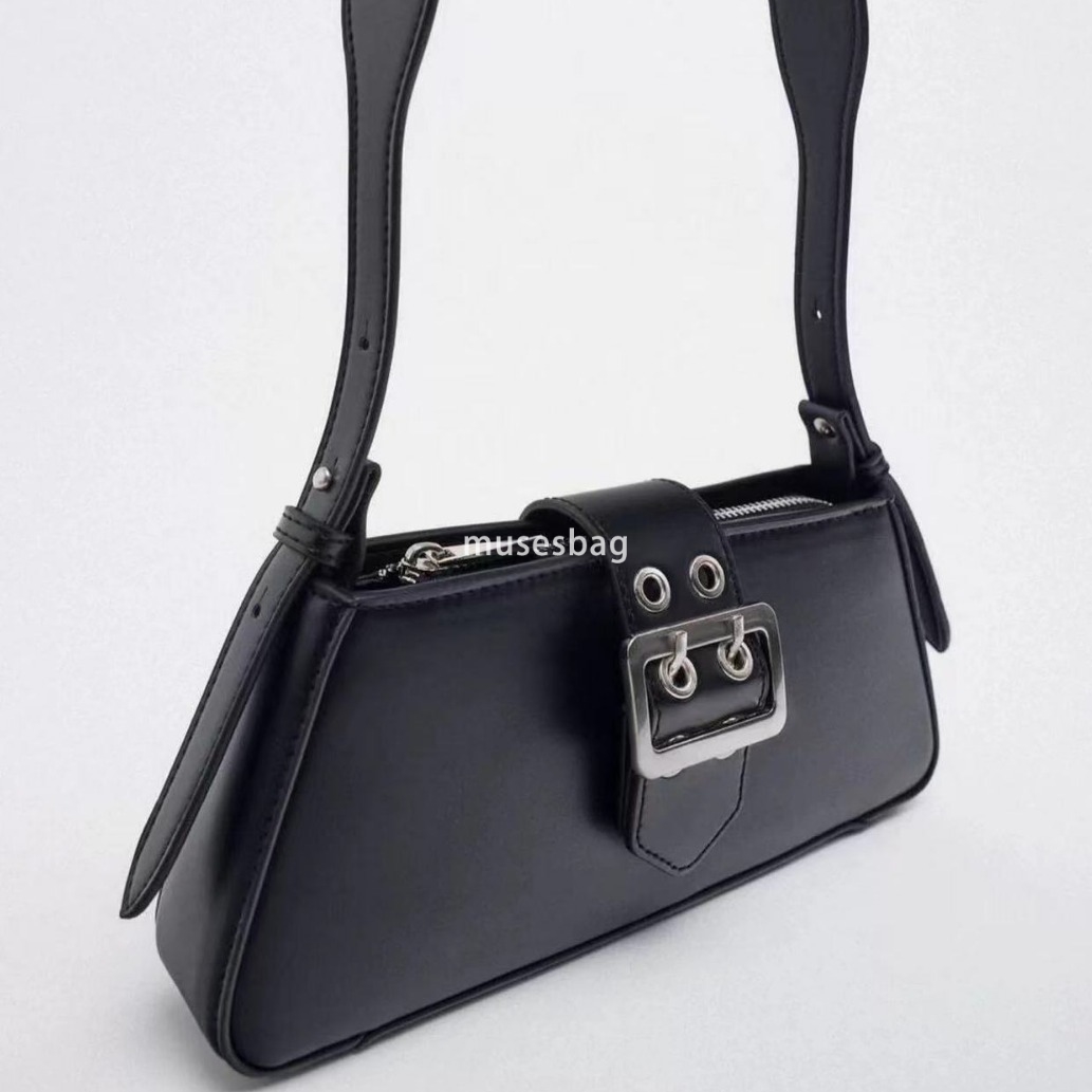 Women's Bag New European and American Versatile Black Buckle Decoration Single Shoulder Underarm Bag High Grade Feel Handheld Stick Bag