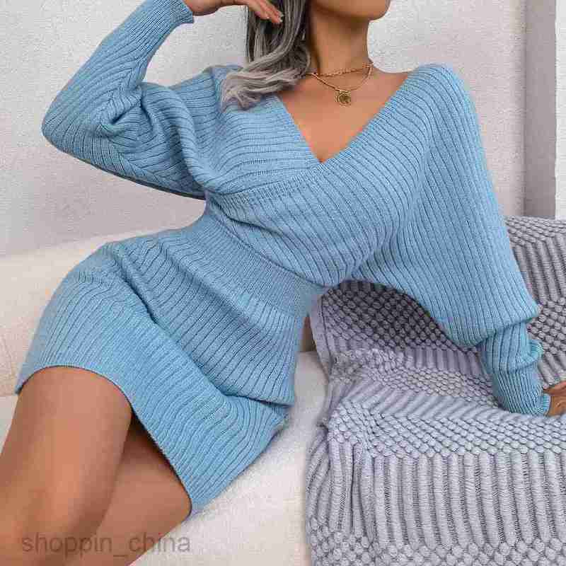 Women Casual Dresses fashion dress Autumn/Winter Sexy Cross V-Neck Bat Skirt Wrapped Hip Dress Woolen Dress Women's Wear
