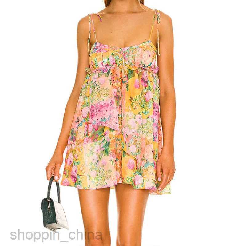 Basic Casual Dresses Women fashion Dress Summer New Women's Sexy Hanging Strap Lace up Printed High Waist Short Dress