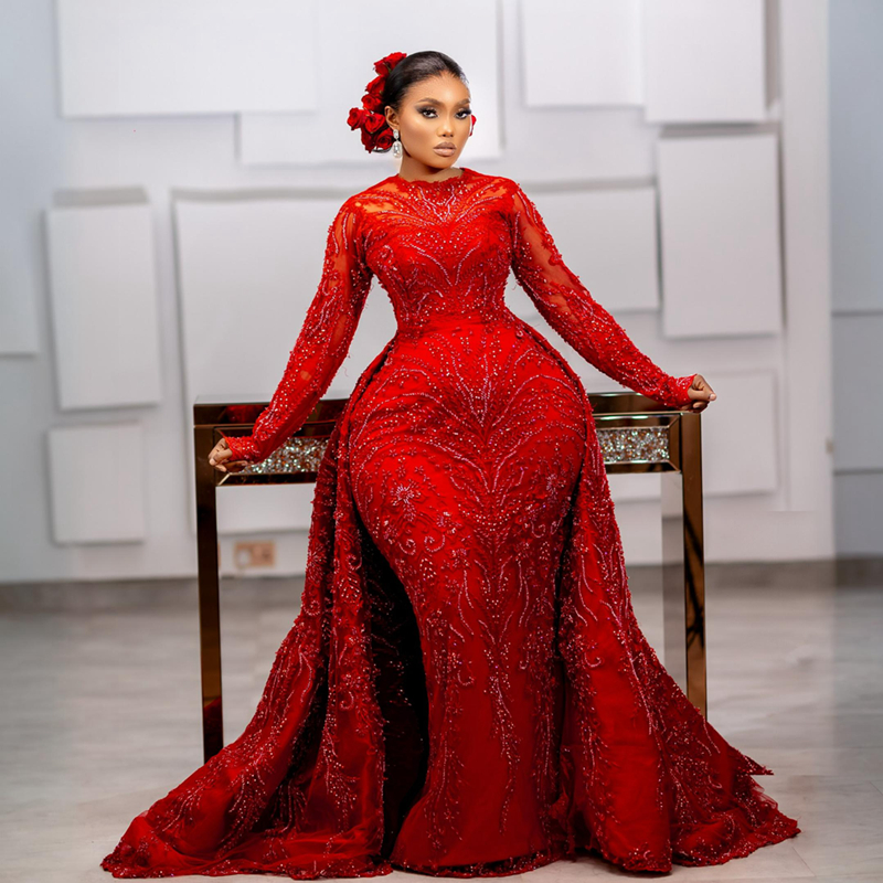 2024 Plus Size Red Prom Dress With Detachable Train Mermaid Promdress Illusion Long Sleeves Jewel Beaded Lace Birthday Dress Second Reception Gowns Ga