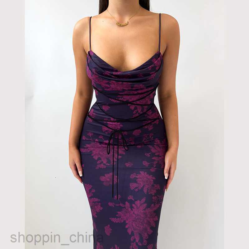 Basic Casual Dresses Women Summer New Style Tie up Long Skirt Fragmented Flower Slim Fit Bag Hip Print Pocket Neck Hanging Strap Dress Women's Cl