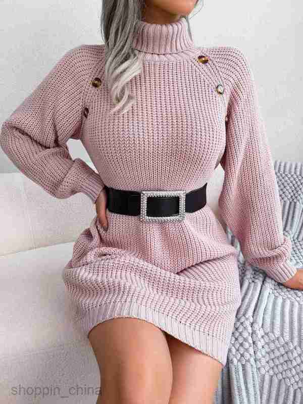 Women Casual Dresses fashion dress Autumn and winter casual button high neck long sleeve bottomed wool dress women's wear