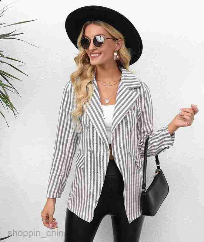 fashion Women Jackets Coats Autumn/Winter Women's Striped Button Flip Collar Small Suit Coat