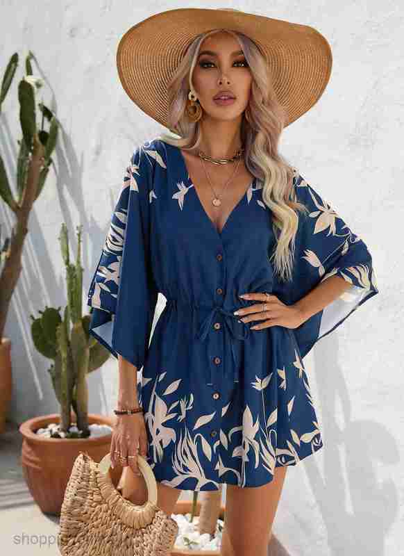 Basic Casual Dresses Women Dress Women's Summer Leaf Print 3/4 Sleeve Dress