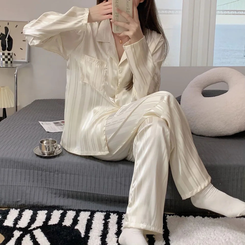 Women Pajamas Striped Pijama Sets Silk Satin Female Home Clothes Sleepwear Longsleeve Shirt Pants Homewear Loungewea 240627