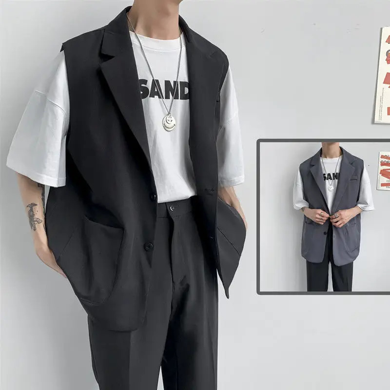 Spring Suit Vest Mens Fashion Gray Black Dress Jacket Men Suit Jacket Korean Loose Business Society Mens Blazer Vest M-2XL 240615