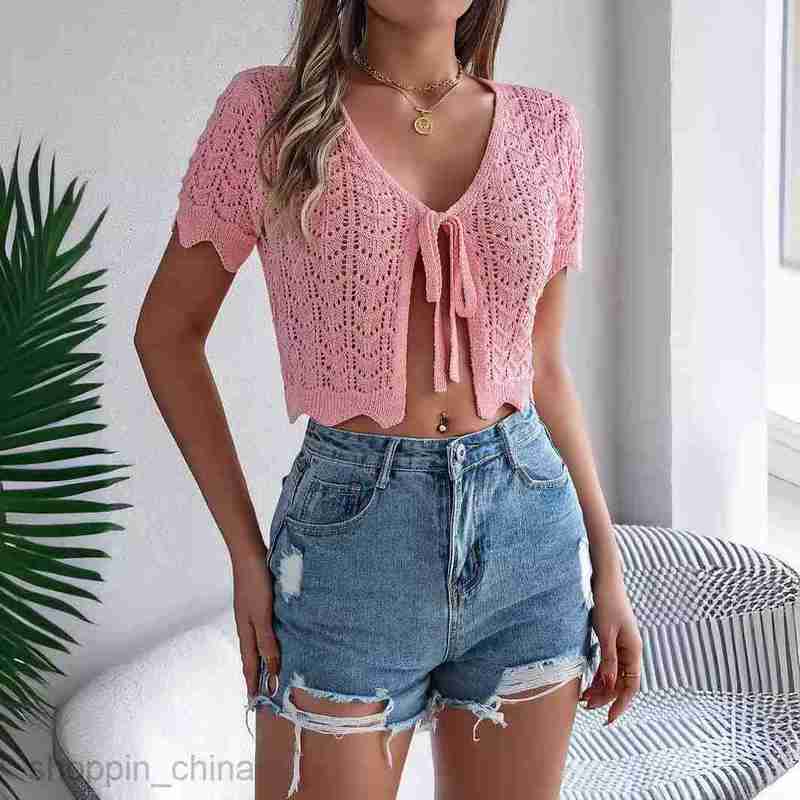 Women's T Shirt Summer Lace up Hollow Short Sleeve Knitted Cardigan Holiday Naked Sun Protection Shirt Women's Wear tees