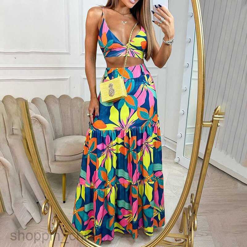 Basic Casual Dresses Women fashion Dress New Women's Summer Printed V-Neck Sling with Elegant Swing Long Dress Set 661