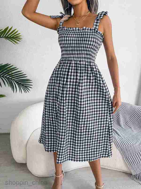 Women Casual Dresses fashion dress style spring summer casual lace up contrast Plaid medium length dress women's dress