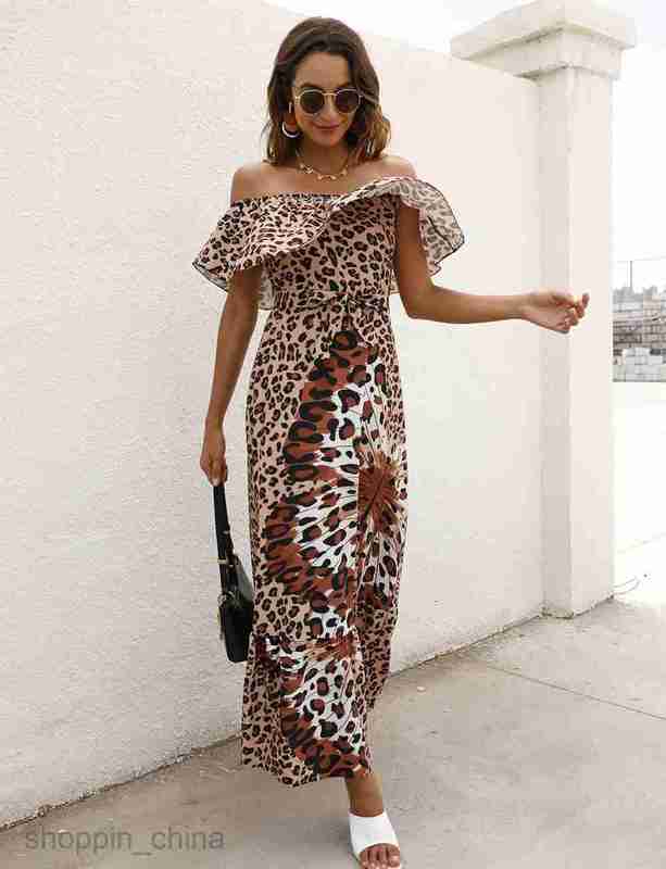 Basic Casual Dresses Women Dress Summer women's printed one neck Ruffle Dress